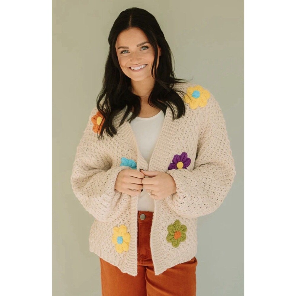 Floral Daisy Oatmeal Chunky Oversized Knit Cardigan Sweater M/L Hippie Boho